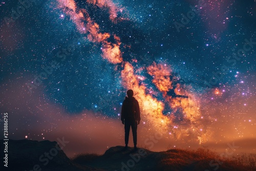 A lone observer is silhouetted against an explosive nebula, standing in awe on a hilltop as the fiery cosmos unfolds in a spectacle of blues and reds.