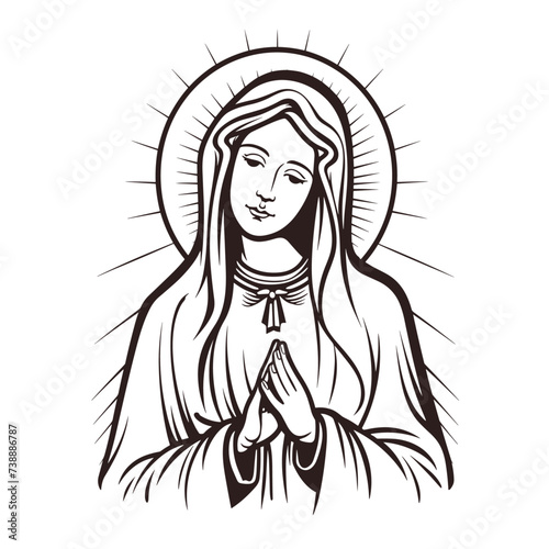 Our Lady Virgin Mary Mother of Jesus, Holy Mary, madonna, vector illustration, black on white background, printable, suitable for logo, sign, tattoo, laser cutting, sticker and other print on demand	