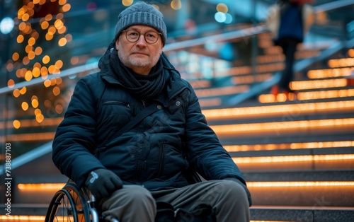 A man in a wheelchair is pictured sitting on a set of steps, his wheelchair beside him. The man appears to be surveying his surroundings from this vantage point photo