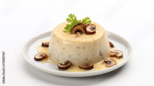 Creamy mushroom pudding with a drizzle of sauce, creating a delightful dish presented elegantly on a white plate.