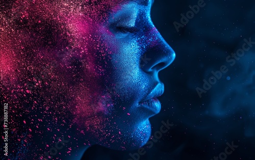 A close-up image showing a womans face covered in vibrant pink and blue powder, creating a colorful and dramatic look