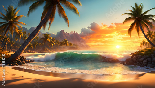 Abendrot oder Sonnenaufgang am Strand mit tropischen Palmen, einem Ozean oder Meer aus türkisen Wasser mit Wellen und einem weiten Himmel mit Sonne Wolken in bunten Farben schöner Urlaub Insel Küste photo