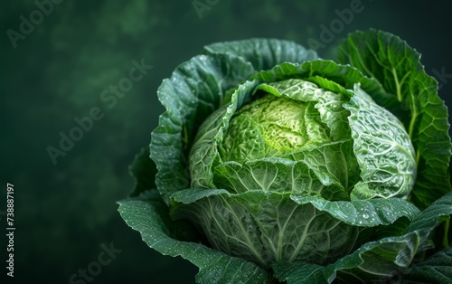 A close-up photograph of a head of cabbage with vibrant green leaves set against a dark background. The leaves are fresh and crisp, showcasing the texture and color of the cabbage