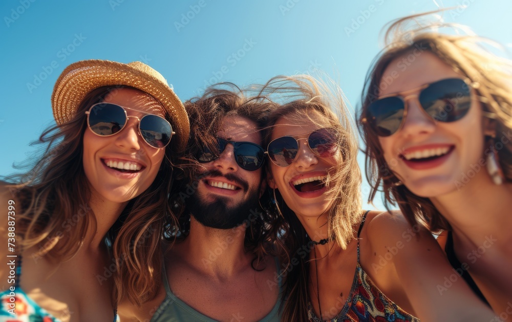 A diverse group of friends, including different races and genders, are standing together on the sandy beach, smiling and posing for a selfie with the ocean in the background