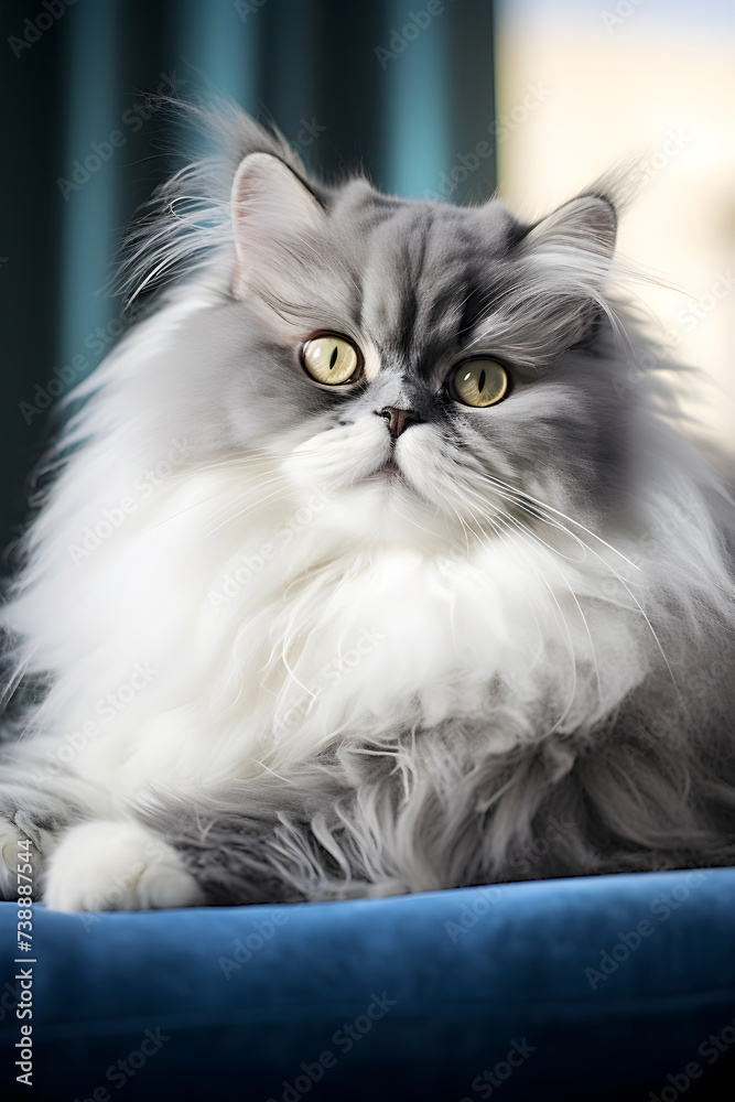 Serene Portrait of a Fluffy Black and White Persian Cat Lounging in a Cozy, Sunlit Setting