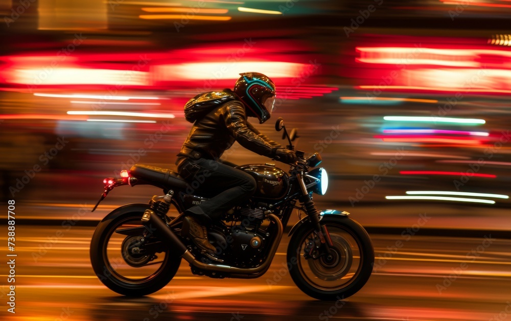 A man of multiple races is captured riding a motorcycle down a city street at night, lights illuminating the scene as he navigates through the bustling urban environment