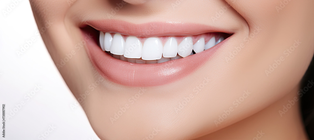 Obraz premium Smiling female mouth with shiny healthy white teeth