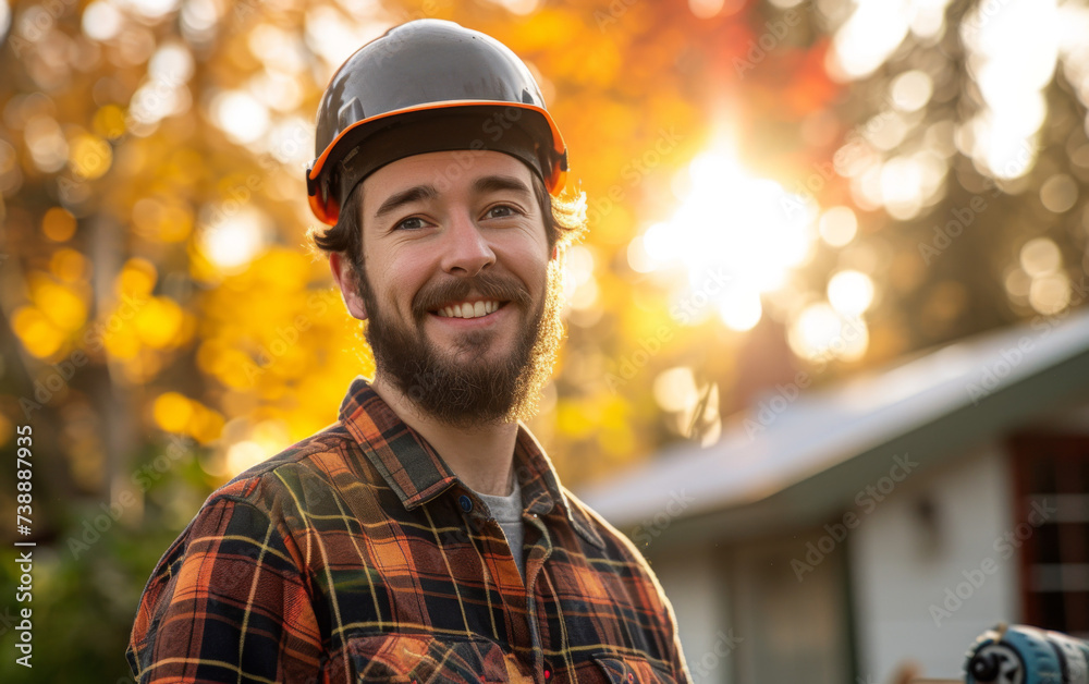 A photograph of a multiracial man with a beard wearing a hard hat, likely at a construction site or industrial setting. He appears focused and ready for work A photograph of a multiracial man with a beard wearing a hard hat, likely at a construction site or industrial setting. He appears focused and ready for work