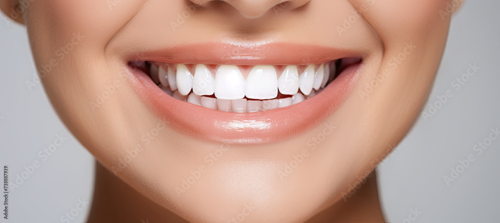 Smiling female mouth with shiny healthy white teeth Smiling female mouth with shiny healthy white teeth