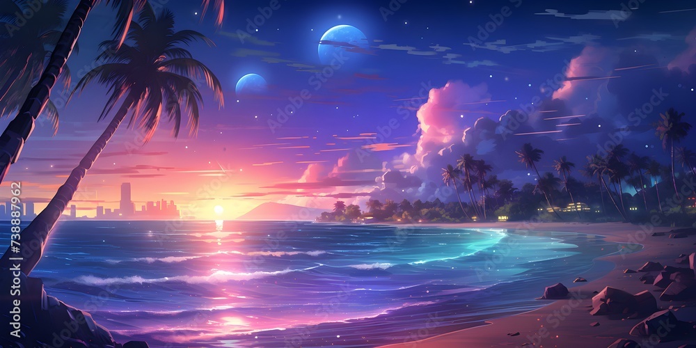 Colorful anime beach scene with palm trees and a hint of technology. Concept Beach, Colorful, Anime, Palm Trees, Technology