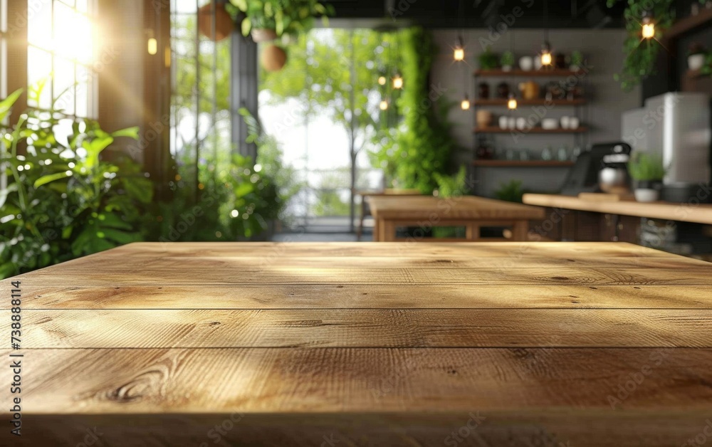 This photo captures a wooden table top in a room adorned with various potted plants, creating a natural and soothing atmosphere This photo captures a wooden table top in a room adorned with various potted plants, creating a natural and soothing atmosphere