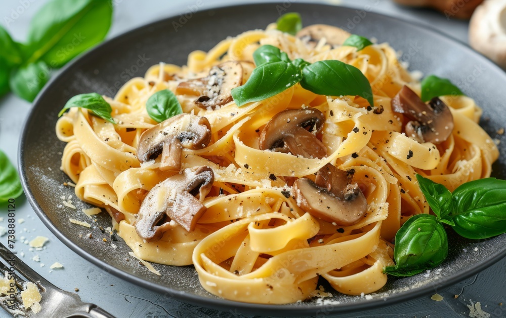 A plate of pasta topped with sautéed mushrooms and fresh basil leaves, creating a delicious and aromatic dish A plate of pasta topped with sautéed mushrooms and fresh basil leaves, creating a delicious and aromatic dish