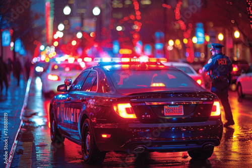 In a downpour, a policeman's figure is illuminated by the neon cityscape and patrol car lights. A vivid portrayal of the nightly vigil kept by police in the rhythmic pulse of urban life.