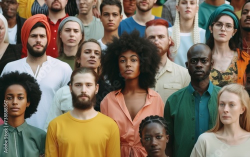 This photo captures a diverse group of individuals standing in a row facing each other. They are of different ethnicities and are engaged in a social interaction or exchange