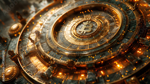Illustration of Bitcoin located on top of a circular structure with skyscrapers, in the style of realistic still lifes with bright lighting, crypt currency, new technologies,