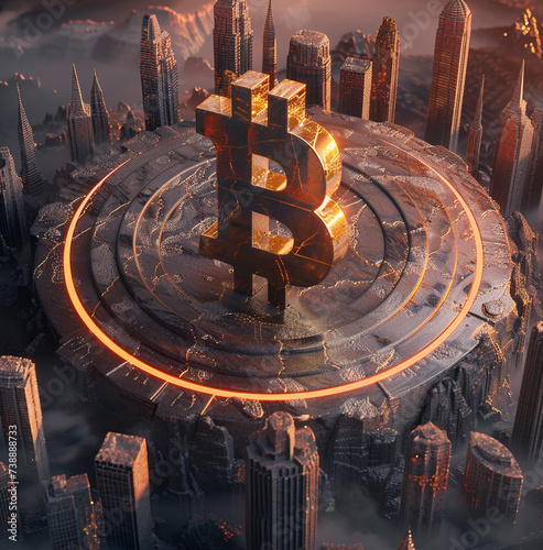 Illustration of Bitcoin located on top of a circular structure with skyscrapers, in the style of realistic still lifes with bright lighting, crypt currency, new technologies,