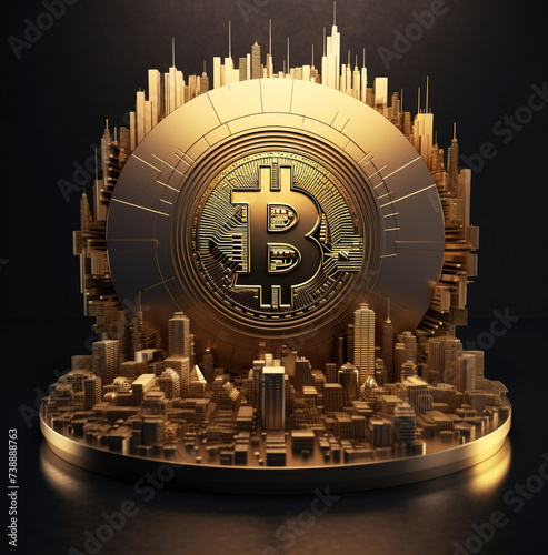 Illustration of Bitcoin located on top of a circular structure with skyscrapers, in the style of realistic still lifes with bright lighting, crypt currency, new technologies,