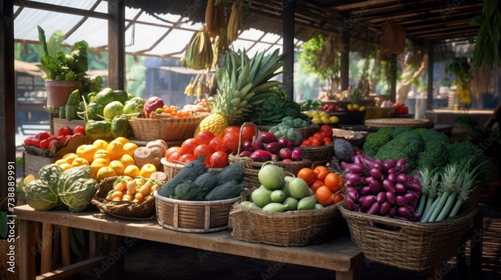 Grocery variety: Fresh and raw produce neatly arranged at market stalls, providing a range of healthy options.