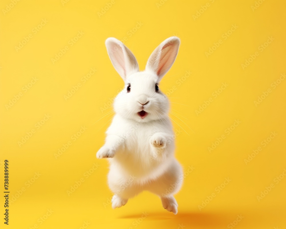 Cute white rabbit jumping on bright yellow background. Happy Easter theme. 