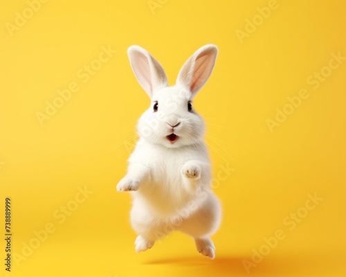 Cute white rabbit jumping on bright yellow background. Happy Easter theme.  © Maroubra Lab