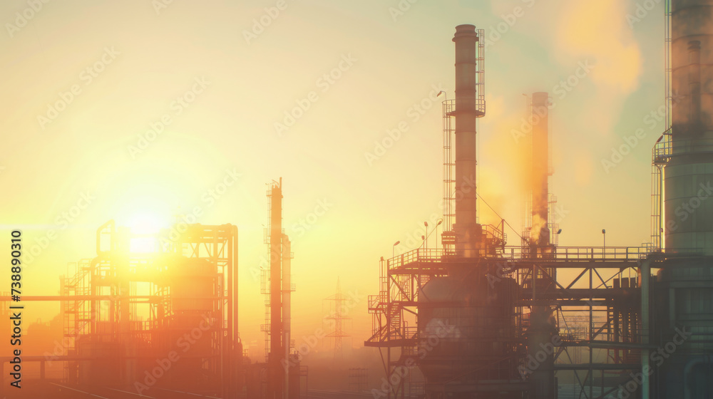industrial landscape at sunset with multiple smokestacks emitting large amounts of smoke, highlighting environmental concerns related to air pollution. industrial landscape at sunset with multiple smokestacks emitting large amounts of smoke, highlighting environmental concerns related to air pollution.