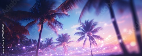 Glowing palm trees line a picturesque beach that resembles anime scenery. Concept Tropical Paradise, Anime Vibes, Glowing Palm Trees, Beach Scenery photo