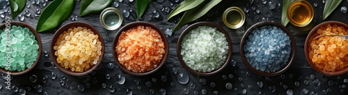 Assortment of Colored Bath Salts in Bowls - Top View Spa Concept photo