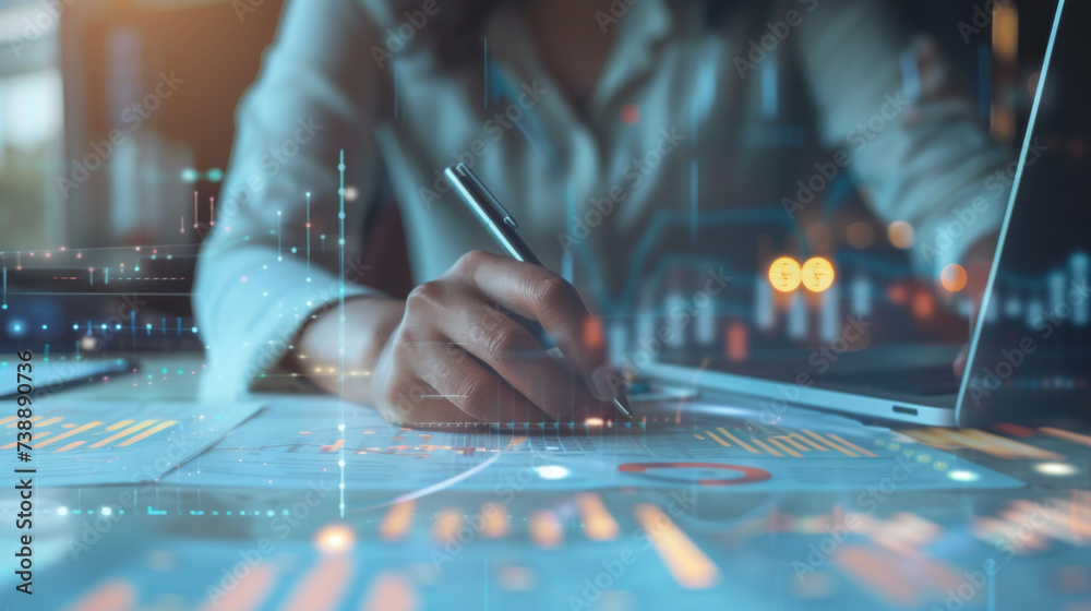 representation of business analytics, featuring a person's hand using a digital pen on a surface that displays vibrant graphical data overlays. representation of business analytics, featuring a person's hand using a digital pen on a surface that displays vibrant graphical data overlays.