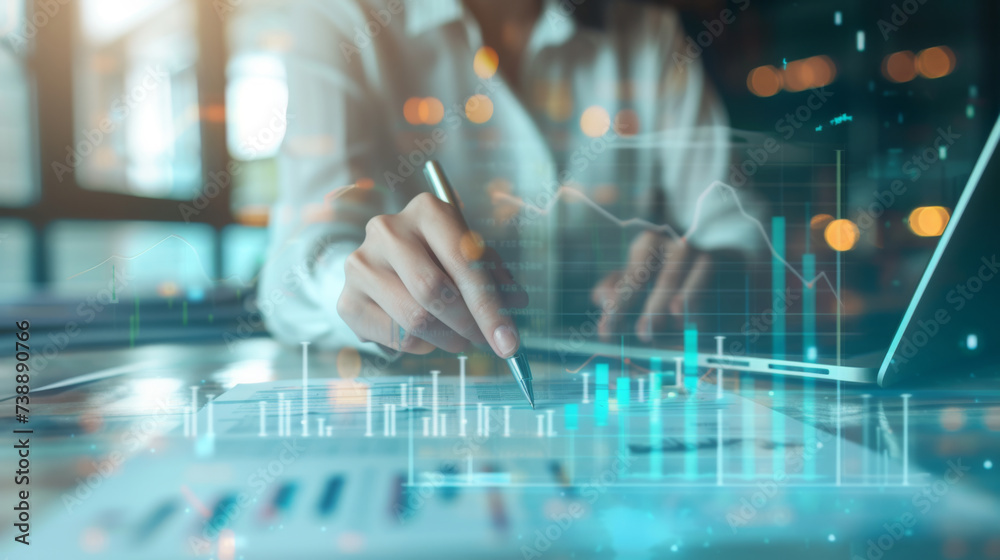 representation of business analytics, featuring a person's hand using a digital pen on a surface that displays vibrant graphical data overlays. representation of business analytics, featuring a person's hand using a digital pen on a surface that displays vibrant graphical data overlays.