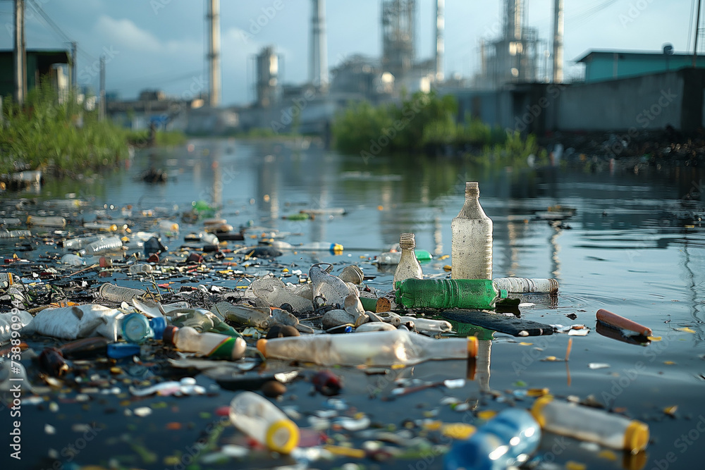 contaminated water with plastic waste, polluted water with plastic ...