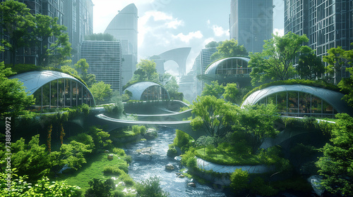 Futuristic ecological city with high end technology and vegetation around