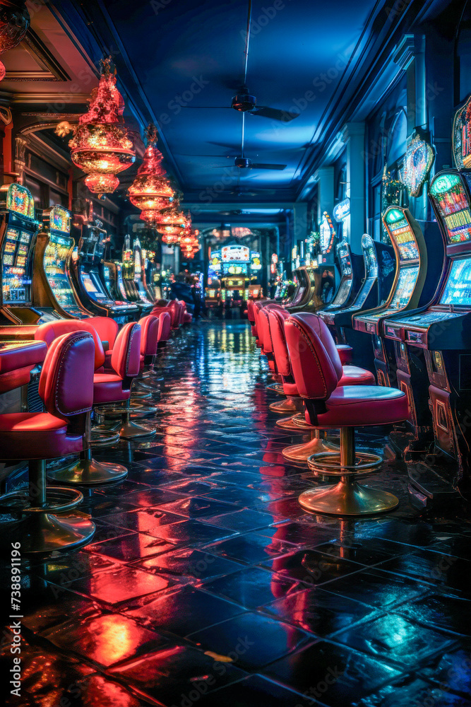 Illuminated Slot Machines in Casino Interior