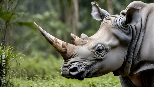 A rhinoceros with large horns stands in front of a lush green forest.