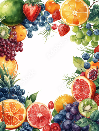 Watercolor illustration frame with exotic fruits and leaves with white background. Perfect for cards, posters, stickers and other design.
