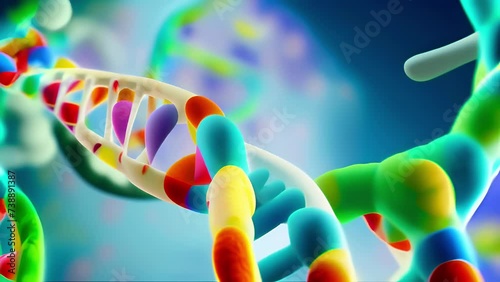 Visualization of a DNA molecule with colored nucleotides against a background of cells. Concept: study of human genes photo