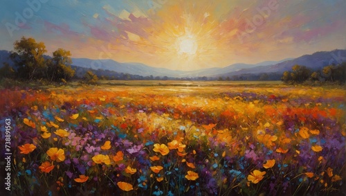 Sunset oil painting with plants and flowers