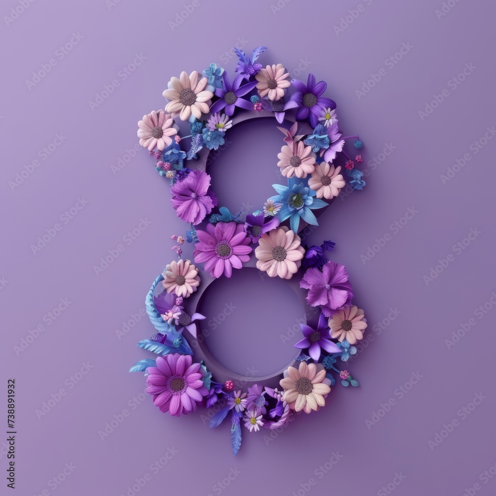 8 march illustration floral composition,  International Women’s Day Tribute, purple colors
