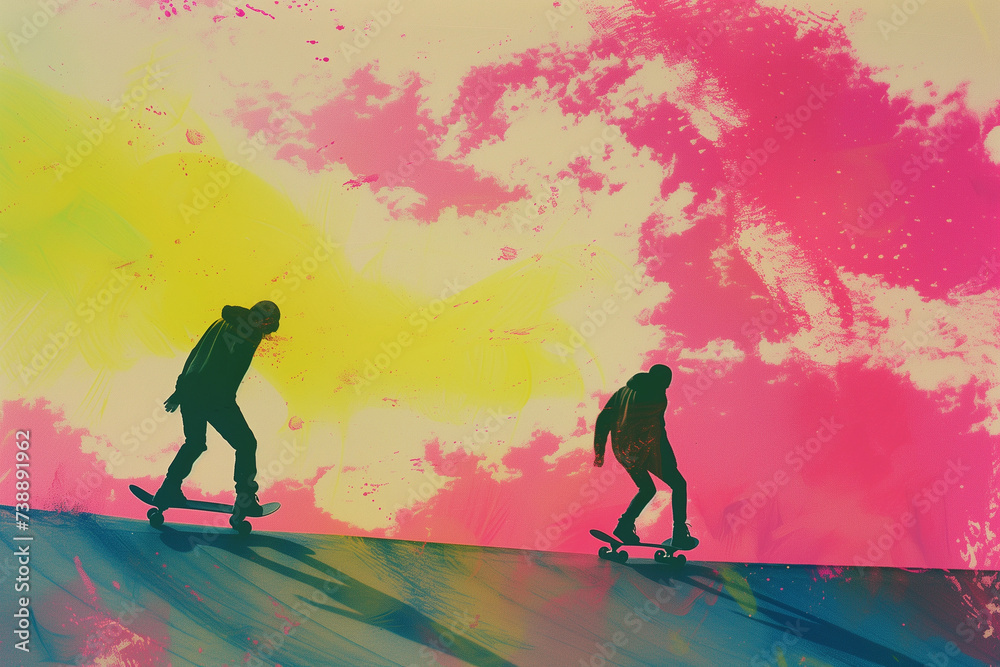 Fototapeta premium two silhouettes of skaters in a colorful wash illustration young people skateboarding fashion streetwear blue pink yellow style teenagers on skateboards youth having fun in a skate park friends