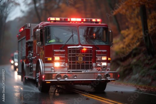 A firetruck bathed in the reflective glow of a wet street  with its lights piercing through the misty evening  stands ready amid an urban downpour.