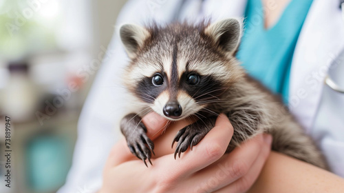 a veterinarian examines a small raccoon