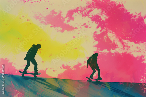 two silhouettes of skaters in a colorful wash illustration young people skateboarding fashion streetwear blue pink yellow style teenagers on skateboards youth having fun in a skate park friends