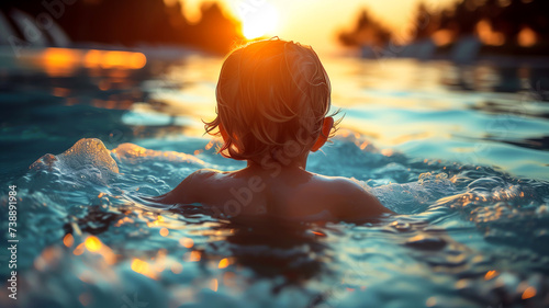Child swimming at sunset, water sparkling representing childhood, freedom, summer, leisure, and tranquility.