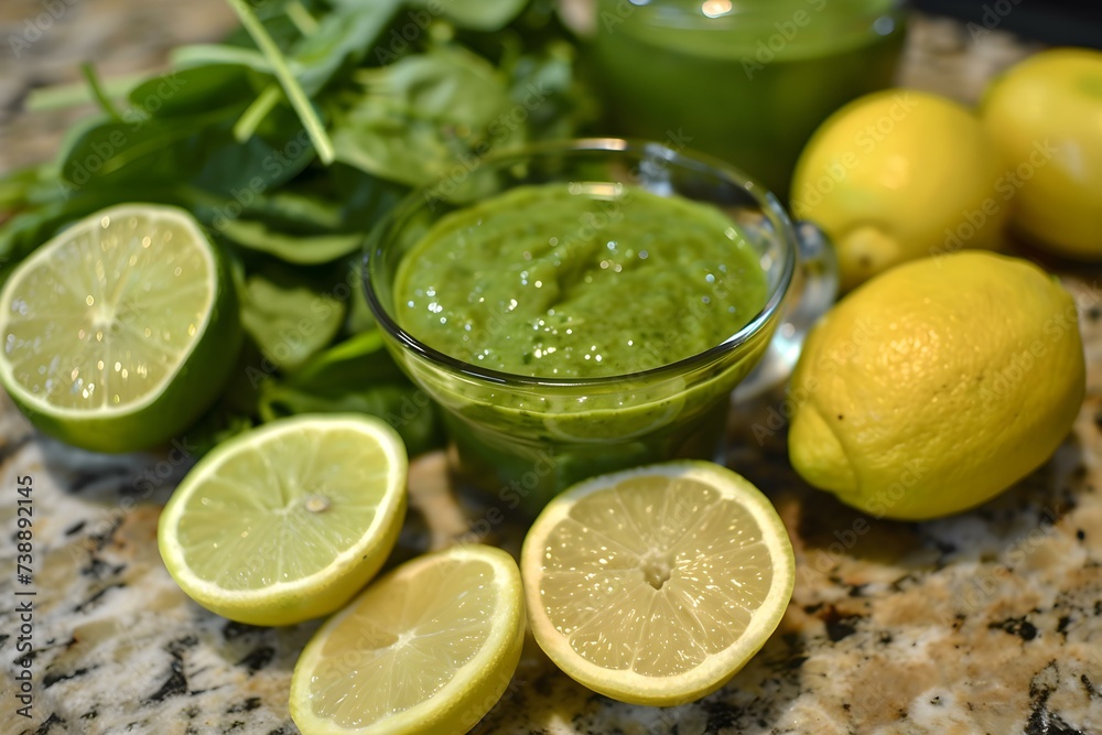 Organic lime and lemon blended into a fresh green smoothie on counter. Concept Healthy Eating, Fresh Smoothie, Green Lifestyle, Citrus Fruits, Organic Ingredients