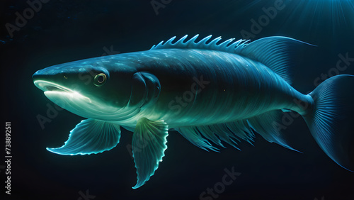 An aquatic animal with a white face, blue body, and sharp teeth swims in the deep blue sea.