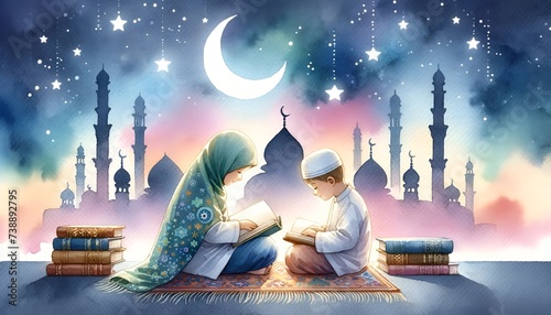 Watercolor illustration for ramadan with two children in traditional attire reading a quran under a starry sky with a crescent moon. photo