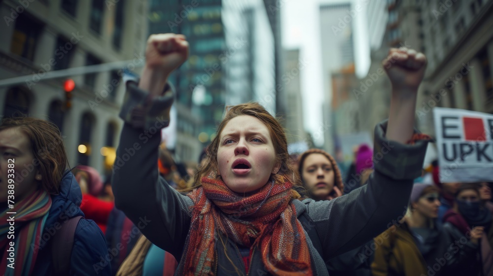 capturing the powerful scene of a International Women’s Day with fists raised 
