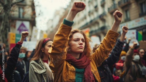 capturing the powerful scene of a International Women’s Day with fists raised 