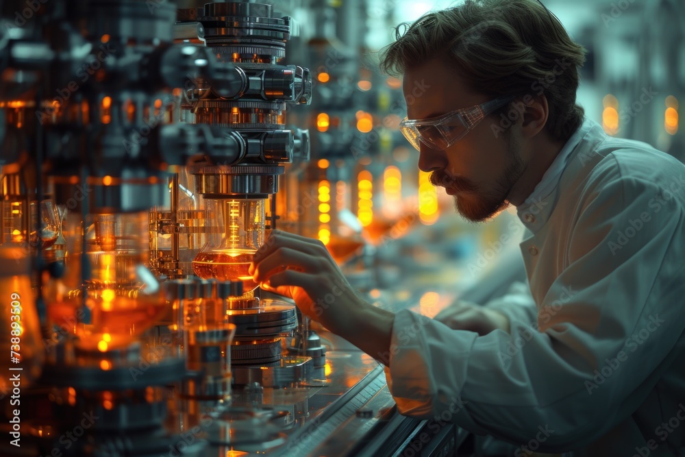 A male scientist meticulously adjusts high-tech apparatus in a lab glowing with warm amber light, focused on precise calibration. - obrazy, fototapety, plakaty 