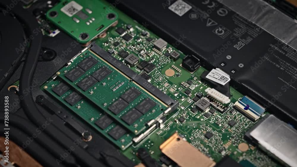 Detailed view of a laptop motherboard featuring installed RAM Detailed view of a laptop motherboard featuring installed RAM