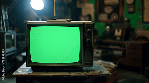 A green screen tv sitting on top of a table